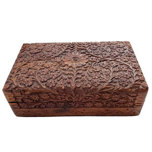 Antique Kashmir Walnut Wood Carving Trinket - Jewelry Box Floral Anglo-Indian